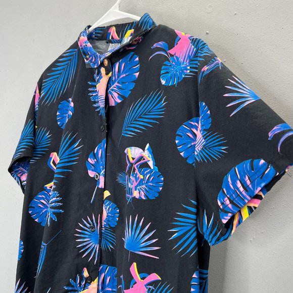 Dutch Bros Hawaiian Shirt size M Women Button Up Black Blue Windmill Palm - Picture 2 of 4